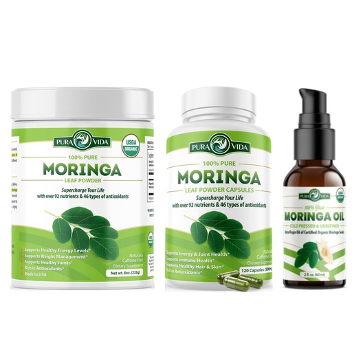 [BRSROZIFBYOQMH3A] PURA VIDA MORINGA Powder 8 oz Capsules (120 Count) and Organic Moringa Oil (2fl oz)