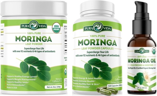 [BRSROZIFBYOQMH3A] PURA VIDA MORINGA Powder 8 oz kapsulak (120 kondea) eta Moringa olio organikoa (2fl oz)