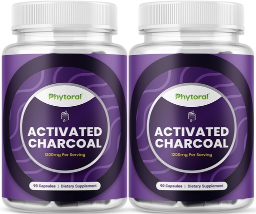 [BRSROEAHOYIBOF3Z] Activated Charcoal Pills Detox & Cleanse - Purifying Coconut Capsules with 1200 mg Per Serving for Bloating Relief - Active Detoxification Supplement for Body & Gut Health - 90 Count - 2 Pack