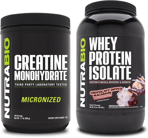 [BRSRAZ34CN6GM23Z] NutraBio Creatine Monohydrate, Unflavored, 500g and Whey Protein Isolate, Chocolate Dipped Macaroon, Supplement Bundle - Muscle Energy, Lean Muscle Growth, Recovery, and Strength