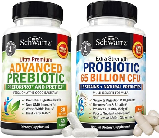 [BRSRAAAOBUNAGYDF] 65 Billion CFU Daily Probiotic Supplement (1 Month Supply) Plus Advanced Prebiotic Gut Health Supplement (1 Month Supply)