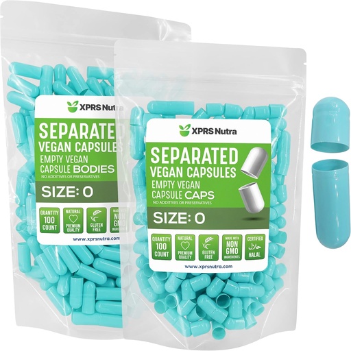 [BRSW2AIHDF7WKDLA] XPRS Nutra Vegan Size 0 Separated Capsules - 100 Count Premium Empty Capsules Separated in Bags - 0 Pills for DIY Supplement Filling (Aqua)