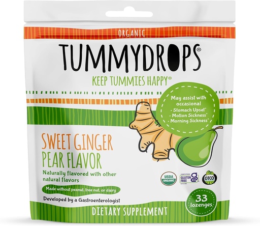 [BRSWKHDZCMPWYHIZ] USDA Organic Sweet Ginger Pear Tummydrops, Gluten Free & Vegan. 33 Individually Wrapped Organic Ginger Lozenges in a Resealable Bag.