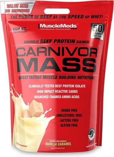 [BRSWIHY5BAFRA3QV] MuscleMeds Carnivor Mass Anabolický Hovädzie mäso Protein Gainer, Vanilla Caramel, 10 libier