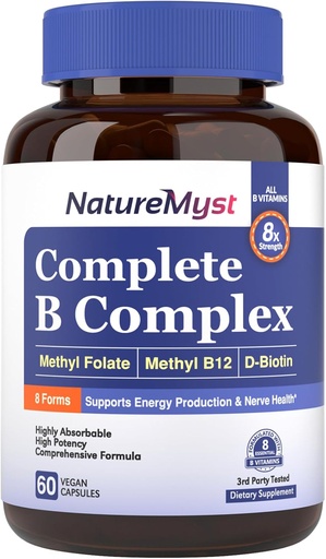 [BRSRMAQODMHGY3TF] Complete B Complex, All 8 B Vitamins, Methyl B12, Methyl Folate, Biotin, P-5-P, Highly Absorbable, Energy Production, 60 Vegan Caps