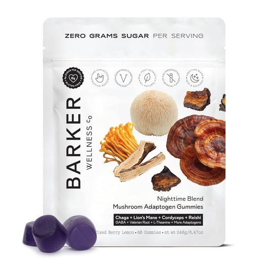 [BRSRAFAHAACWAGT2] Barker Wellness Nighttime Vegan Sugar-Free Adaptogen Mushroom Gummies – Reishi, Lion's Mane, Chaga, Cordyceps for Calm, Rest & Recovery – Non-GMO Sleep Support & Relaxation Supplement, 60 Count