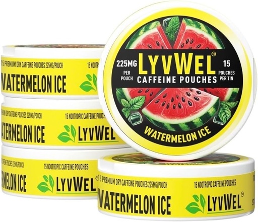 [BRSRAHD7BEFGCAL2] LyvWel 225mg Caffeine Energy Pouches – Watermelon Ice 5-Pack (75 Pouches) – Refreshing Energy & Focus – Guarana-Enhanced Clean Boost for Workouts & Grind