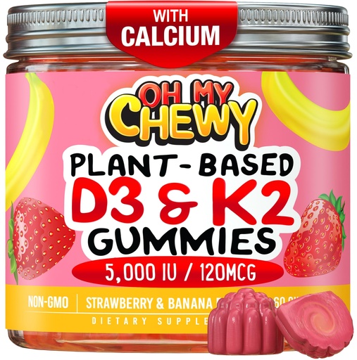 [BRSRAZD2OYIAOHLX] OH MY CHEWY Double-Flavored Vitamin D3 K2 & Calcium Fluffy Gummies - Supplement for Healthy Teeth, Bone & Energy - 5000 IU D3, 120 mcg K2(MK-7), 120 mg CA - Vegan & Non-GMO - 120 Count