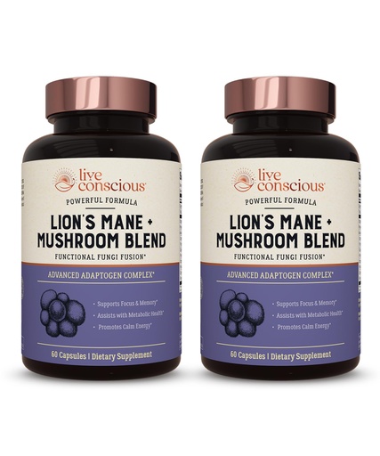 [BRSROBAEOQPBYCLO] Live Conscious Lions Mane Mushroom Supplement Capsules for Brain Support w/Lion's Mane, Cordyceps, Reishi, and Turkey Tail Mushrooms - Cognitive Memory Supplement for Brain (2-Pack)