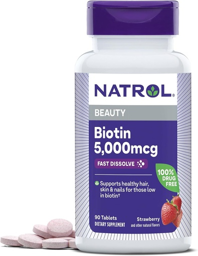 [BRSWI2QHAB7AOELY] Natrol Beauty Biotin 5000mcg, Dietary Supplement for Healthy Hair, Skin, Nails and Energy Metabolism, 90 Strawberry-Flavored Fast Dissolve Tablets, 90 Day Supply