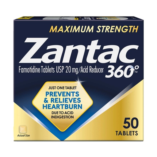 [BRSW2YYLBN4GG3D6] Zantac 360 Maximum Strength Tablets, 50 Count, Heartburn Prevention and Relief, 20 mg Tablets
