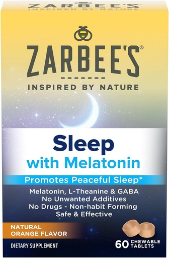 [BRSWGFT7CRYRGA36] Zarbee's Melatonin 5mg, L-Theanine + GABA Sleep Supplement to Promote Peaceful Sleep, Natural Orange Flavor, Chewable Tablets for Adults Age 12 Up, 60 Count