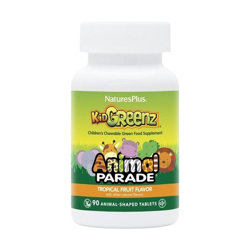 [BRSWIYQCAQGAGYDI] NaturesPlus Animal Parade KidGreenz, Tropical Fruit Flavor - 90 Animal-Shaped, Chewable Tablets - Vegetarian, Gluten Free - 90 Servings