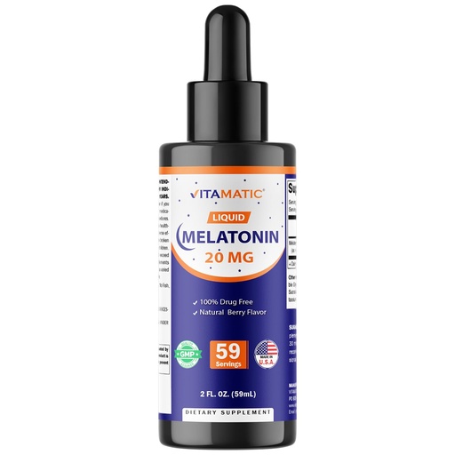 [BRSRMGA7DMIGO3LL] Vitamatic Melatonin 20mg Liquid Drops – 2 Fluid Ounce (59ml) – Natural Berry Flavor – for Adults – Non-GMO – Vegetarian Supplement