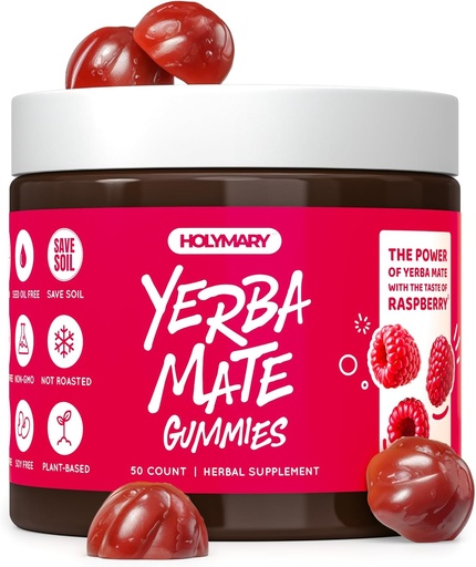 [BRSRAY3RCEHRG3LZ] HOLYMARY Yerba Mate Gummies, Raspberry Flavor - Energija, Fokus, Moč Vegan, Ne-GMO, naravne sestavine, Gluten brezplačno, 50 Delicious dodatek Gummies