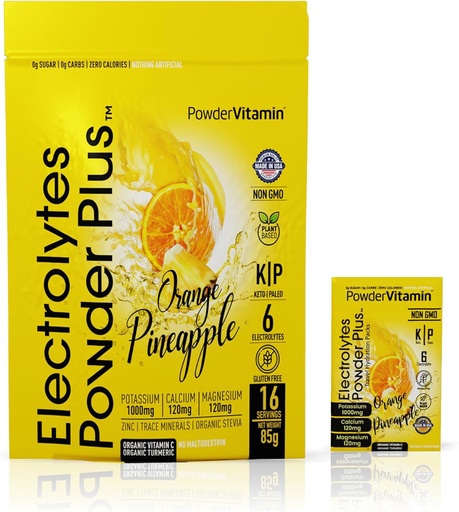 [BRSRAGAKDN6BMH3A] PowderVitamin Electrolytes Powder Plus, Keto, Orange Pineapple, Sugar Free, Pink Himalayan Salt, 1000mg Potassium, 120mg Calcium, 120mg Magnesium, Non-GMO, Zero Calories, (16 Hydration Packets)