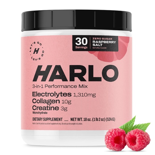 [BRSRAZAFOENQ4F3F] Harlo 3-in-1 Electrolytes Powder with Collagen & Creatine – Hydration, Muscle & Joint Support | NSF Certified | Zero Sugar | Raspberry Salt | 30 Servings