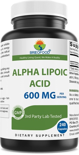 [BRSRMADRBACBOHQ6] Brieofood Alpha Lipoic Acid 600mg per Serving - 240 Capsules - Non-GMO, Gluten Free