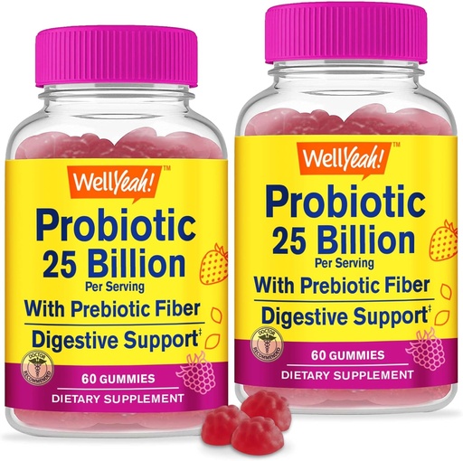 [BRSRO2YFOINBOELU] WellYeah (2 Pack 25 Billion Probiotics + Prebiotics for Men and Women Gummies - Digestive Support, Gut Health, Immune Support Gummy - Probiotics for Digestive Health with 12 Strains - 60 Gummies