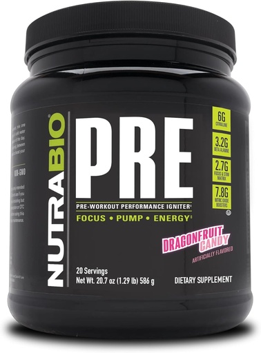 [BRSWGHA2ORYBMELD] NutraBio PRE Workout Powder - Old Formula- Sustained Energy, Mental Focus, Endurance - Beta Alanine, Creatine, Caffeine, Electrolytes - 20 Servings - Dragonfruit Candy