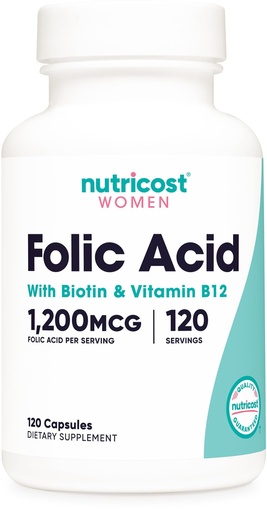[BRSW2CQOCB4AGADJ] Nutricost Folic Acid for Women (Vitamin B9) 1200 mcg, 120 Capsules, with B12 and Biotin, Veggie Caps, Non-GMO & Gluten Free