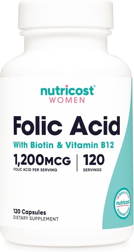 [BRSW2CQOCB4AGADJ] Nutricost Folijskābe sievietēm (B9 vitamīns) 1200 μg, 120 kapsulas ar B12 un Biotin, Veggie Caps, bez GMO un glutēna