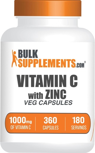 [BRSRMAIOAEHQEDT4] BulkSupplements.com Vitamin C z cinkovimi kapsulami - vitamin C 1000mg & cink 15mg, za imuno podporo - Vegan, 2 kapsuli na serviranje, 360 Veg število (Pack of 1)