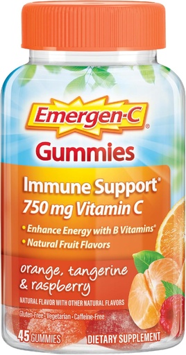 [BRSWECQLDMJQYDYY] Emergen-C 750mg 成人维生素C Gummys, B 维生素豁免Gummys, Gluten Free, Orange, Tangerine and Raspberry Flavors - 45 Counters