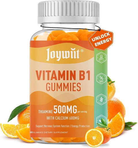 [BRSRA2YRDN6R4EY3] Vitamin B1 Gummies 500mg, Chewable Thiamine B1 Supplement for Adults, with 600mg Calcium Citrate, Support Nervous System, Vegan, Natural Orange Flavor