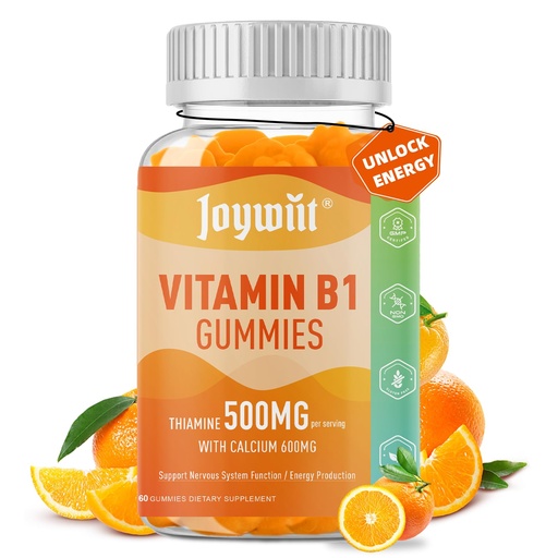 [BRSRA2YRDN6R4EY3] Vitamin B1 Gummies 500mg, Chewable Thiamine B1 Supplement for Adults, with 600mg Calcium Citrate, Support Nervous System, Vegan, Natural Orange Flavor