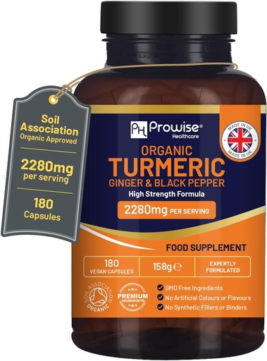 [BRSRMZYBAUDRYDLA] Turmerico 2280mg (High Strength) con Pepe Nero & Ginger - 180 Vegan capsule curmeriche con Curcumina Ingrediente attivo I UK Made by Prowise Healthcare