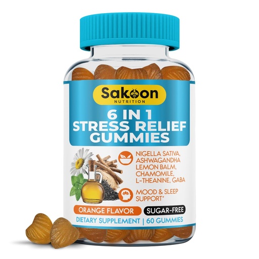 [BRSRMGAKAQMGO3TH] 6-in-1 Stress Relief Gummies 60ct - Aids Relaxation with Ashwagandha, GABA, L-theanine, Lemon Balm, Chamomile, Black Cumin Seed Nigella Sativa. Improved Deep Sleep, Joint Support - 60 gummies