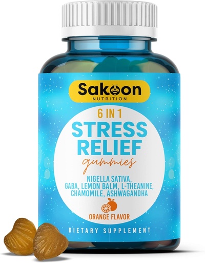 [BRSRMGAKAQMGO3TH] 6-in-1 Stress Relief Gummies 60ct - Aids Relaxation with Ashwagandha, GABA, L-theanine, Lemon Balm, Chamomile, Black Cumin Seed Nigella Sativa. Mejora del sueño profundo, apoyo conjunto - 60 gommies