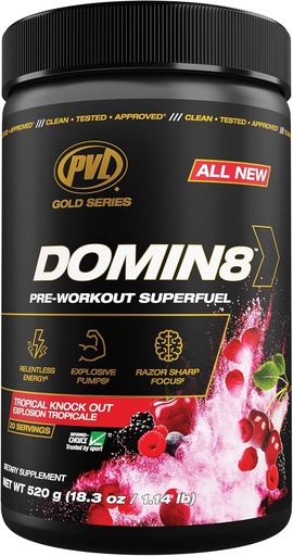 [BRSW2ZYDOUMBYG34] PVL Gold Series Domin8 | Pre-Workout Superfuel - Full dose Preworkout - 520 g - Tropical Knock Out