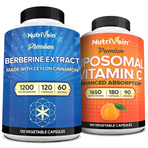 [BRSRAHACPMDWE2TO] Nutrivein Premium Berberine & Liposomal Vitamin C Supplement: High-Absorption Vitamin C Capsules & Berberine Supplement Bundle for Immunity, Metabolism, & Balanced Well-Being