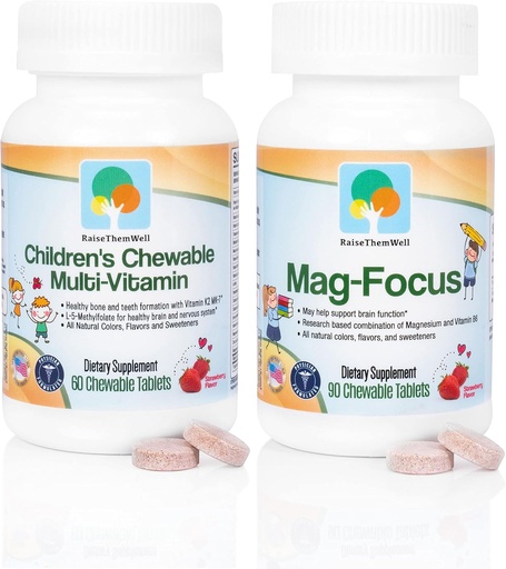 [BRSWYGIBAACR4ETP] Raise Them Well Mag Focus ← Citrato de Maganesio " B-6 para niños sometidos Natural Strawberry Flavored Magnesium Focus Supplements and Great Tasting Chewable Multivitamin for Kids Bundle