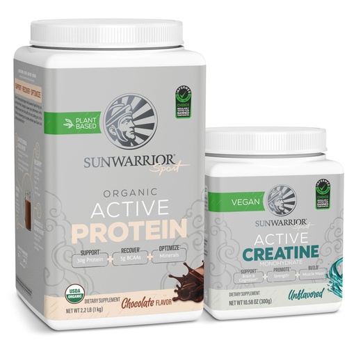 [BRSW2AYBOQNWECL6] Sunwarrior Creatine Powder & Vanilla Active Organic Protein Powder Set | Bundle & Save | Vegan Protein Plus Unflavored Creatine Monohydrate (60 Servings Unflavored, 20 Servings Chocolate)