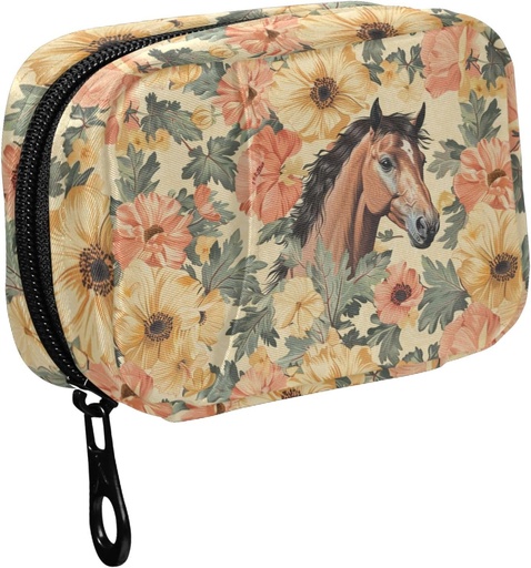 [BRSRABTYOF5R62TO] Fustylead Vintage Hand Draw Brown Horse and Flower Pill Organizer for Purse, Weekly Portable Pill Box with Zipper to Storage Vitamins Fish Oils Medications Supplements