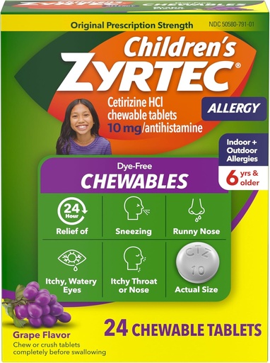 [BRSW2AAYCQGQ43LK] Zyrtec Children's Dye-Free Chewables for 24 Hour Allergy Relief, 10 mg Cetirizine Hydrochloride Antihistamine Tablets, Kids Allergy Medicine Relieves Sneezing & Itchy Throat, Grape, 24 ct