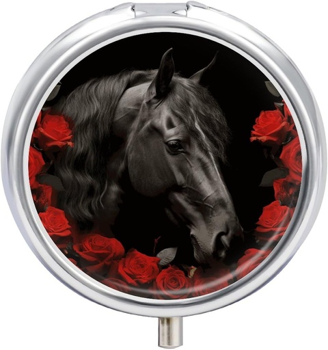[BRSRAAAPBV7RGCTX] Black Horse on A Background of Red Roses Pill Case 3 Comment Portable Pill Box Daily Round Round Round Organizer for Pocket Purse Daily Medicine Container to Hold Vitamin Fish Oil Travel Gifts