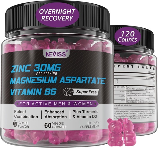 [BRSRAGAZOQDWO3AZ] Zinc and Magnesium Supplement, Zinc Magnesium Aspartate Post Workout Gummies for Men Women, with Vitamin B6, B12, D3, Turmeric for Nighttime Recovery, Reduce Fatigue, Boost Immunity & Sleep, 120 Count