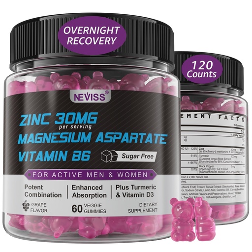 [BRSRAGAZOQDWO3AZ] Zinc and Magnesium Supplement, Zinc Magnesium Aspartate Post Workout Gummies for Men Women, with Vitamin B6, B12, D3, Turmeric for Nighttime Recovery, Reduce Fatigue, Boost Immunity & Sleep, 120 Count