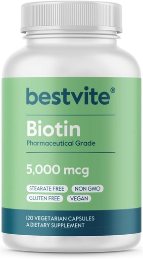[BRSWIZIOO55WYHLM] BestVITE Biotin 5000mcg (120 Vegetarian Capsules) - No Stearates - No Flow Agents - Vegan - GMO - Gluten Pulsuz - Saç, Cilt, Nails