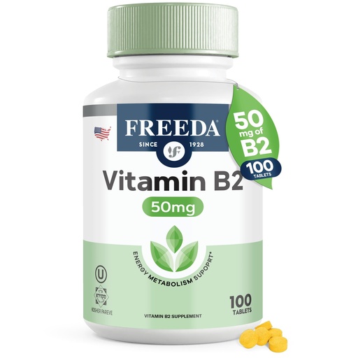 [BRSWIYL2PNYGGEQ5] FREEDA Riboflavin Vitamin B2 Tablets – 50mg – Optimized Dose for Energy & Nervous System Support – Kosher, Vegan, GF B2 Vitamins Supplement – VIT B 2 for Brain & Metabolism (100 Ct)