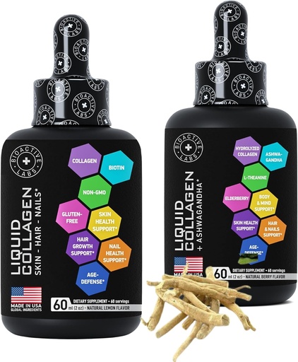 [BRSROGI6BEDQGH33] Collagen líquido con colágeno de biotina y líquido con ashwagandha colágeno mejorado para el crecimiento del cabello, flujo de piel, uñas
