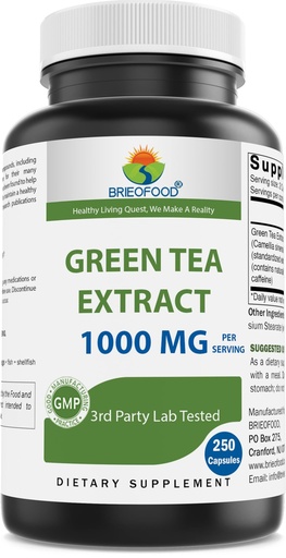 [BRSROFQTAAPQAAYZ] Brieofood Green Tea Extract 1000 mg per Serving (Min 50% Polyphenols) - 250 Capsules - 3rd Party Lab Tested for Purity & Quality