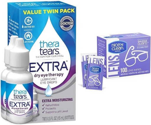 [BRSRAYYYAV7RM3Q4] TheraTears Extra Dry Eye Drops, 2 Count & Nice 'n Clean 100 SmudgeGuard Lens Wipes Bundle