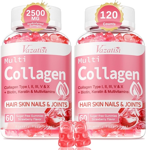 [BRSROYAHOQCAY2A3] 2 Pack Sugar Free Collagen Gummies for Women & Men | Hydrolyzed Collagen Hair for Hair Skin & Nails | MultiCollagen Protein Tip I II III V X with Biotin & Vitamin C | Strawberry Flavor, 120 Count