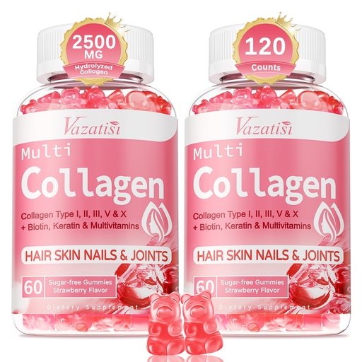 [BRSROYAHOQCAY2A3] 2 Pack Sugar Free Collagen Gummies for Women & Men | Hydrolyzed Collagen Peptides for Hair Skin & Nails | MultiCollagen Protein Type I II III V X with Biotin & Vitamin C | Strawberry Flavor, 120 Count