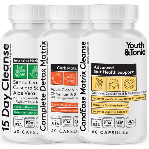 [BRSWYGINAEMA43LF] CandEase Matrix Pills & Colon Cleanser & Complete Detox Matrix Fast Kit Bundle 3pk | Caprylic Acid Oregano Protease & Cellulase Enzymes Laxatives ACV Chromium & 100 Bil CFU/g Digestive probiotics